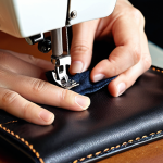 **Close-up of hands skillfully sewing a stylish leather wallet with a heavy-duty sewing machine, showcasing neat stitches and quality nylon thread. Focus on the craftsmanship and texture of the leather.**