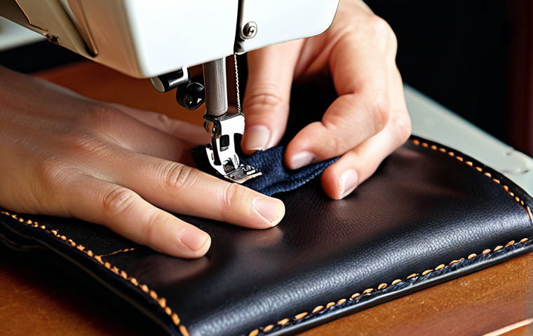 **Close-up of hands skillfully sewing a stylish leather wallet with a heavy-duty sewing machine, showcasing neat stitches and quality nylon thread. Focus on the craftsmanship and texture of the leather.**